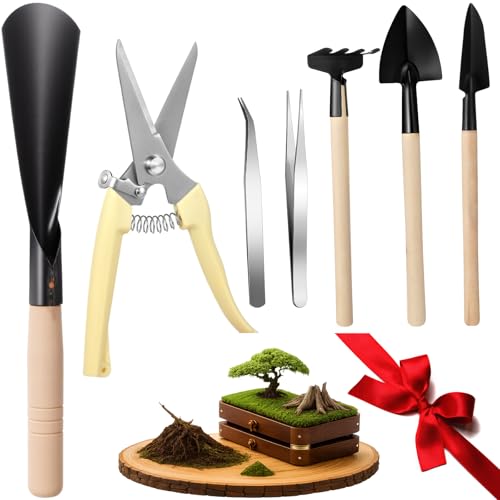 Frienda 7 Pcs Bonsai Tree Kit Garden Bonsai Tools Set Includes Pruning Shears, Mini Rake, Flat Tip Shovel, Pointed Shovel, Spade, Tweezers Gardening Accessories Gift for Beginner Mother Women Men