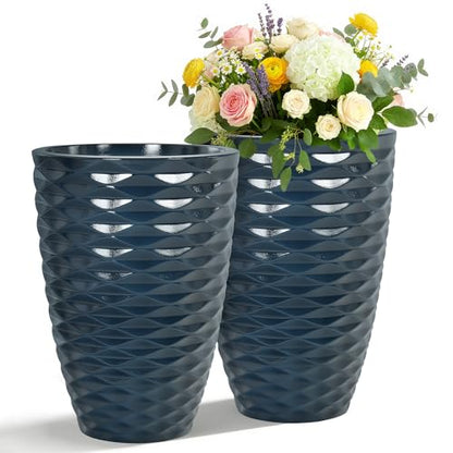 19" Resin Tall Outdoor Planters for Plants Set of 2, Costal Wavy Pot - color: 19"h-navy Blue Wavy
