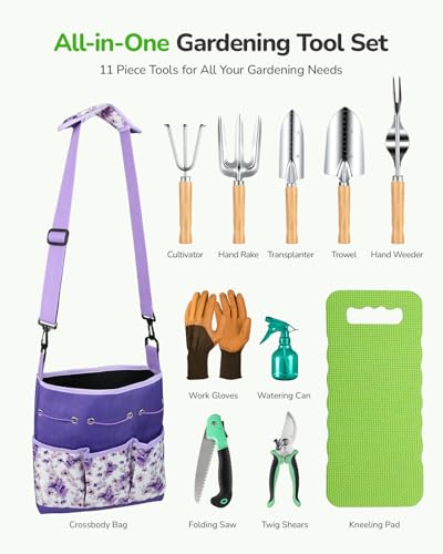 Grenebo Gardening Tools Set, 11-Piece Rust-Proof Kit with Bag, Purple - color: Purple