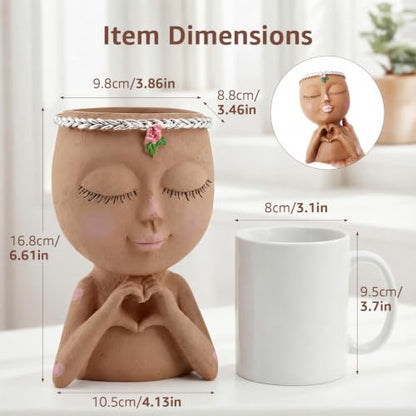 Face Planter Pot with Heart Hands Indoor Plants Resin Head Planter, Brown - color: Brown