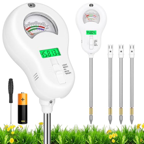 6-in-1 Soil pH Meter, Soil Moisture Tester with Detachable Probe, Backlit LCD & Dial Display, Includes Battery & 3 Spare Probes for Garden, Farm, Lawn Plants