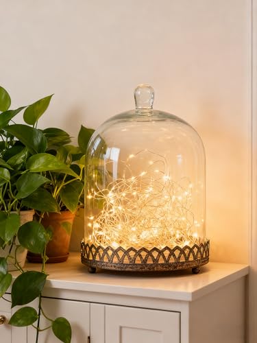 Twakutwku 12" Tall Large Sturdy Handmade Glass Cloche Dome with Metal Base in Rustic Brown for Plant, Terrarium, Collectibles, Candle. Cloche Glass Dome, Bell Jar Display Case (Brown, 12") - color: Brown, size: 12"