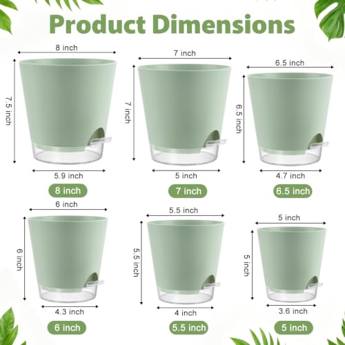 5/5.5/6/6.5/7/8 Inch Self Watering Pots Visible Water Level Indoor/Outdoor - color: Green