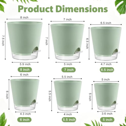 5/5.5/6/6.5/7/8 Inch Self Watering Pots Visible Water Level Indoor/Outdoor - color: Green