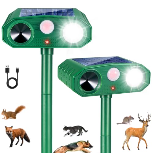 2026 Ultrasonic Solar Animal Repellent Outdoor, Deer Repellent Devices Cat Rabbit Squirrel Raccoon Dog Deterrent with Motion Sensor Flash Light for Yard Garden Lawn 2 Pack