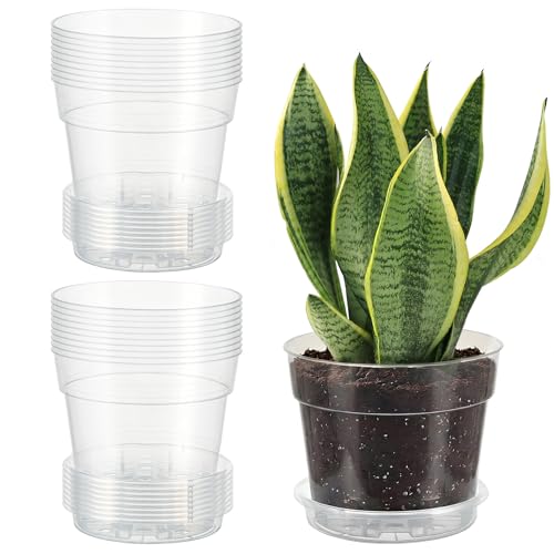 Garvee 20 Pack 6 Inch Clear Nursery Pots with Drainage Trays, Thickened Plastic Plant Pots with Saucer, Transparent Plastic Plant Pot Seeding Start Planters for Indoor Outdoor