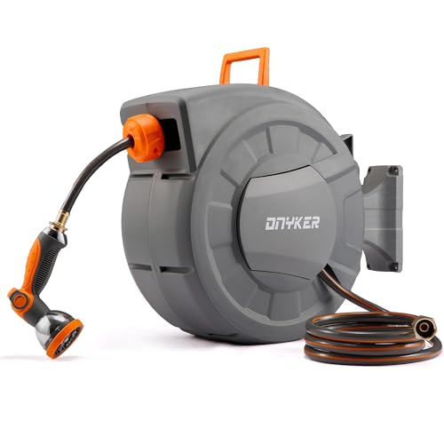 Retractable Garden Hose Reel, 1/2 inch x120 ft Water Hose Reel Wall Mounted, Any Length Lock, Slow Auto-Rewind, 180°Swivel Bracket & 10 Pattern Nozzle - size: 1/2'' 120FT