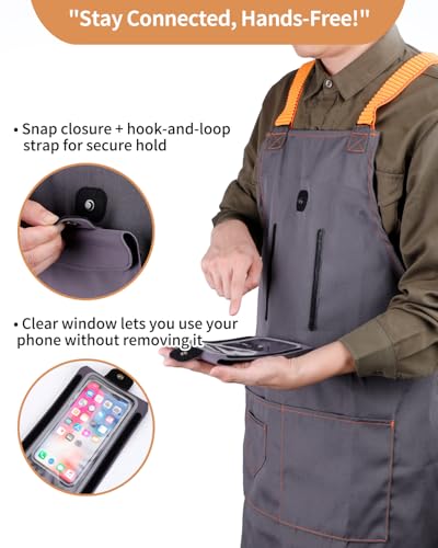 Adjustable Work Apron with Secure Multi Phone Pocket - Design for Cooking, BBQ, Gardening, Carpentry, Bartending, Serving