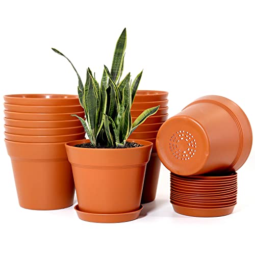WOUSIWER 16 Pack 6 inch Plastic Planters, Plastic Indoor Planter Flower Pots, Heavy Duty and Stylish 6 Inch Plant Pots for Indoor Plants with Drainage Holes and Tray for Plants, Flowers, Terracotta - color: Red