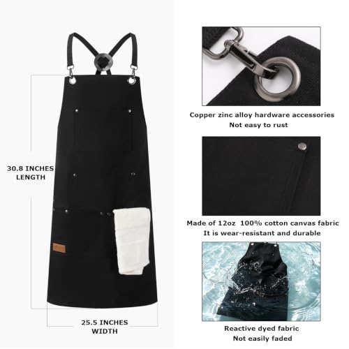 HANZAI Chef and BBQ Apron with Hand Towel and tong - 12oz Cotton Canvas.Cross Back Straps. Multi Pockets for man and women. - color: Black