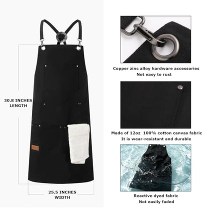 HANZAI Chef and BBQ Apron with Hand Towel and tong - 12oz Cotton Canvas.Cross Back Straps. Multi Pockets for man and women. - color: Black