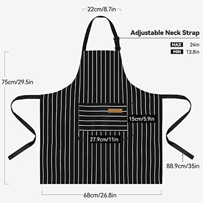 NLUS 2 Pack Cooking Aprons for Women with Pockets Adjustable Kitchen Bib Aprons for Women Men Chef, Black/White Stripe (Classic Black/White Stripes) - color: White/Black-2