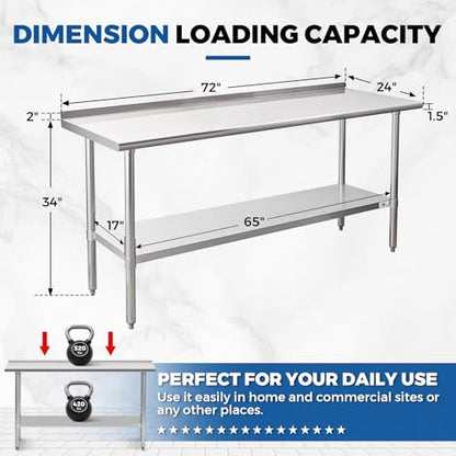 Profeeshaw Stainless Steel Prep Table 24''x72'' Workbench with Backsplash - color: With Backsplash, size: 24''x72''