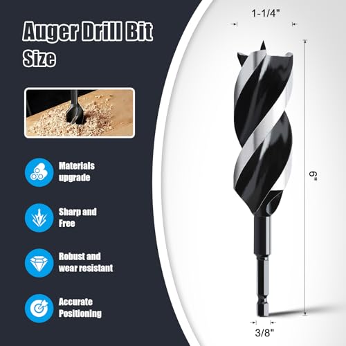 1-1/4" x 6" Auger Drill Bit for Wood,Hex Shank Tri Flute Drill Bit - size: 1-1/4"x6"