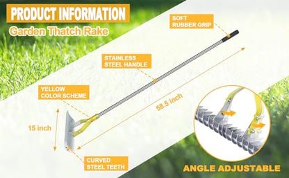 BARAYSTUS Thatch Rake, 15‑Inch Wide Dual‑Side Dethatching Rake for Lawn
