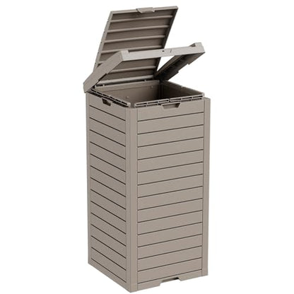 Outdoor Trash Can with Lid, Outdoor Trash Bin & Pull-Out Liquid Drawer, Dual Lid Closure Design, Waterproof Resin Garbage Can Container for Patio, Backyard, Deck (Grey, 38 Gallon)