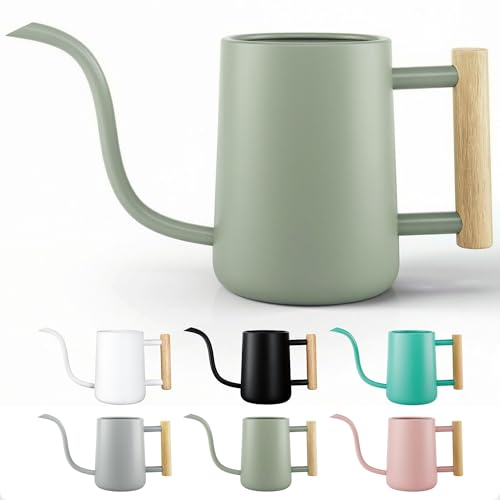 Metal Small Indoor Watering Can with Long Spout & Real Wood Handle, 35oz - color: Sage Green