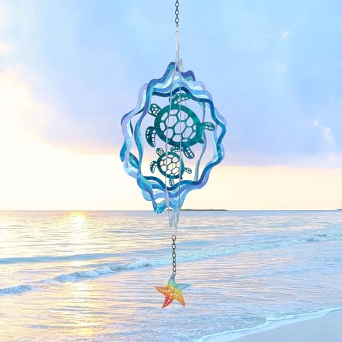 12 Inch Sea Turtle Hanging Wind Spinners, 3D Kinetic Metal Wind Spinner - color: Sea Turtle