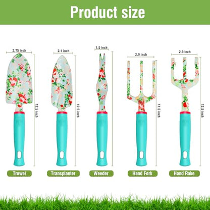 Garden Tools Set, JUMPHIGH 10 PCS Heavy Duty Gardening Tools Includes Hand Trowel Rake Weeder Pruner, Gardening Gifts for Women, Garden Kit with Tote Bag, Apron, Gloves, Kneeling Pad - color: Blue Green