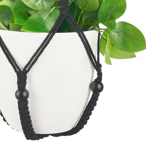 Mkono Fake Hanging Plant, Macrame Hanger with Pothos Vines & Pot, Black - color: Black