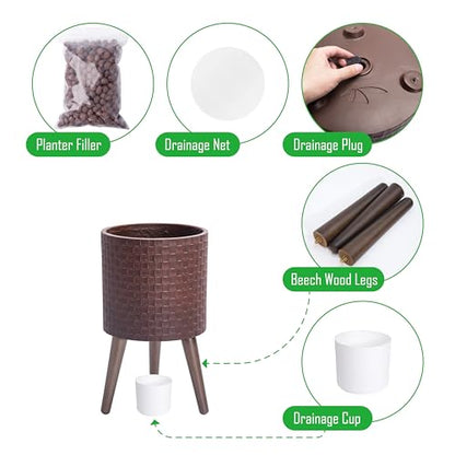 D'vine Dev Planter Pot with Wood Stand, 10 in, Espresso, 88-Z-B-6 - color: Espresso, size: Medium