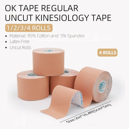 OK TAPE Kinesiology Tape (4 Pack) Latex Free Cotton Uncut 2in x 16.4ft - color: Beige, size: 4 Rolls