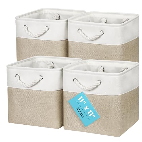 OrganiHaus 11x11 Cube Storage Bins, 4-Pack Fabric Cubes, Rope Handles - color: Beige Base / Off-White, size: 4 pcs (11x11)