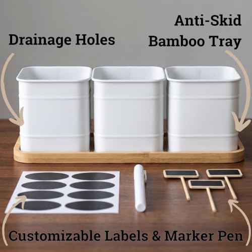 Herb Planter Indoor, 3-pc Herb Pots w/ Drainage Holes, Bamboo Tray & Labels - color: White