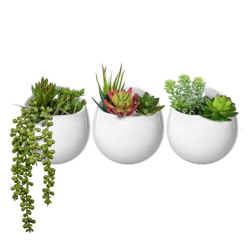 Mkono Wall Planter Ceramic Hanging Pot with Artificial Fake Plants, 3 Pack