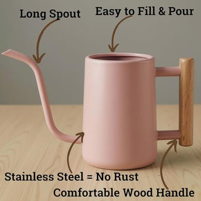Metal Small Indoor Watering Can with Long Spout & Real Wood Handle, 35oz - color: Pink