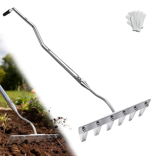 Weeding Rake w 45’’ Ergonomic Curved Handle, Heavy-Duty Stainless Steel Weed Puller Tool w 6 Hoe & Weeding Blade, Efficient Extended Garden Hoe for Weeding for Yard, Flower Beds & Loosening Soil