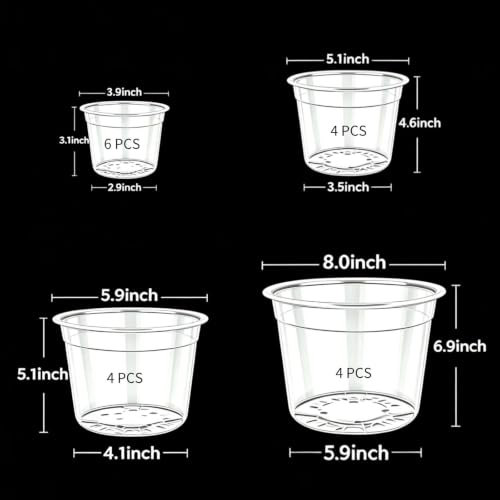Clear Nursery Pots with Drainage, 3-9.6 in Plant Pot (18Pack 4/5/6/8in) - size: 18Pack 4/5/6/8in