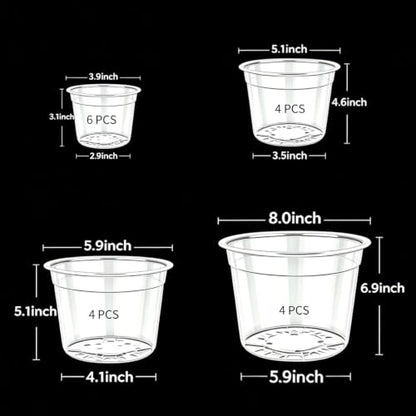 Clear Nursery Pots with Drainage, 3-9.6 in Plant Pot (18Pack 4/5/6/8in) - size: 18Pack 4/5/6/8in