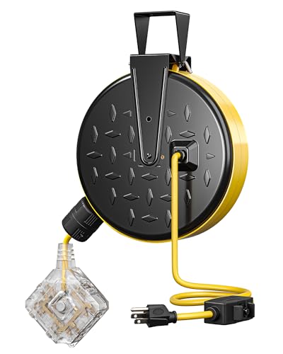 DEWENWILS Retractable Extension Cord Reel, Metal Reel with 30FT Power Cord - color: Black 6 Outlets+twist Lock