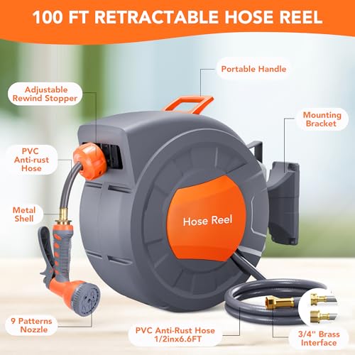 GAOMON Retractable Garden Hose Reel, Water Hose Reel 1/2 in x 100 ft - size: 100FT