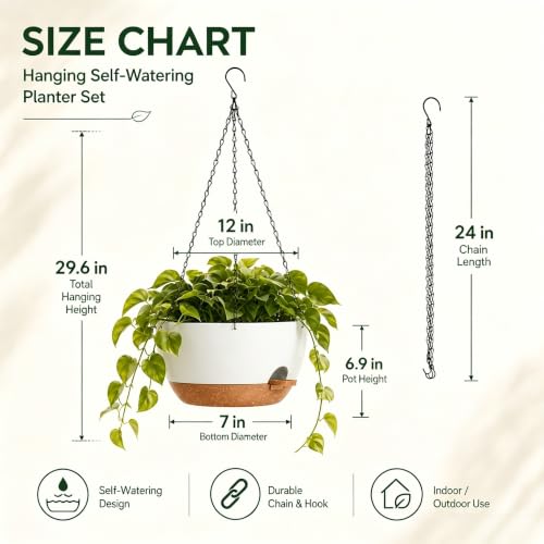 12 Inch Self Watering Hanging Planters 2 Pack, White Brown - color: White Brown