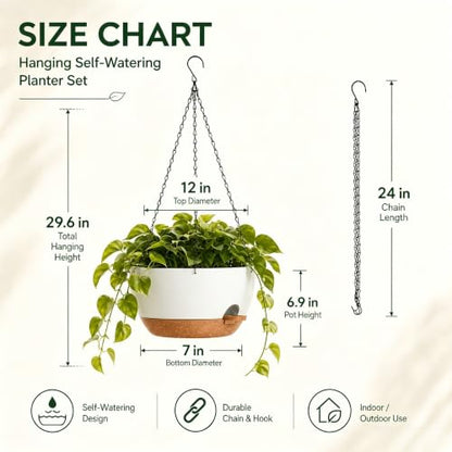 12 Inch Self Watering Hanging Planters 2 Pack, White Brown - color: White Brown