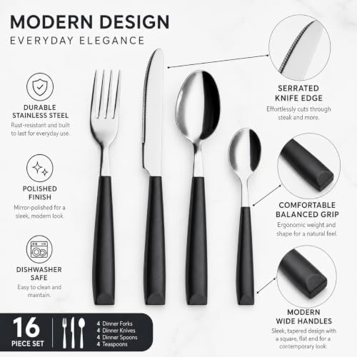 EXZACT 16 pcs Flatware Set Stainless Steel Wide Handles Serves 4 Black - color: Black x 16
