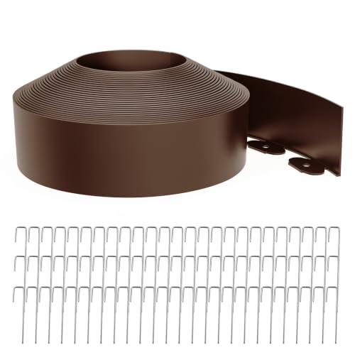Landscape Edging 4 Inch Tall 60FT with 75Pcs Metal Spikes, Plastic Garden Edging Border Landscape Edging Border Lawn Edging for Landscaping, Flower Bed, Yard(Brown) - color: Brown, size: 60FT