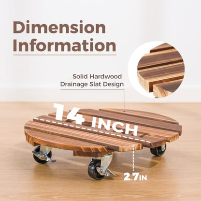 Bamworld Plant Caddy 14 Inch Wood Dolly with Wheels 2 Pack - size: 14inch-Round-2 pack