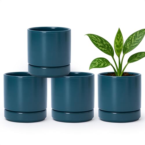 D'vine Dev 4-Pack Ceramic Pots with Saucers, Teal, 4.7 in, 94-X-B-9 - color: Teal, size: 4.7 Inch