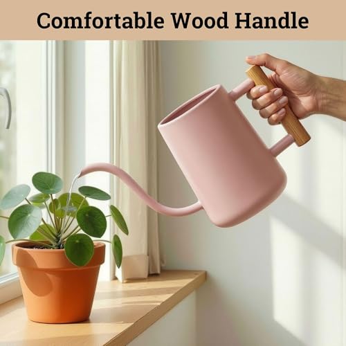 Metal Small Indoor Watering Can with Long Spout & Real Wood Handle, 35oz - color: Pink
