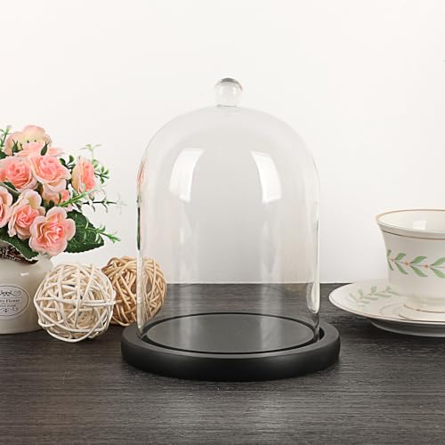 JUXYES 4.5x6 Clear Glass Display Dome Cloche with Handle & Black Wood Base - color: Black