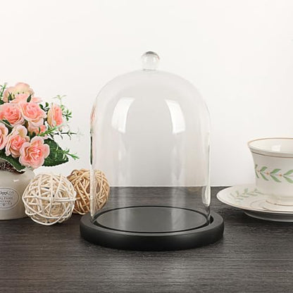 JUXYES 4.5x6 Clear Glass Display Dome Cloche with Handle & Black Wood Base - color: Black