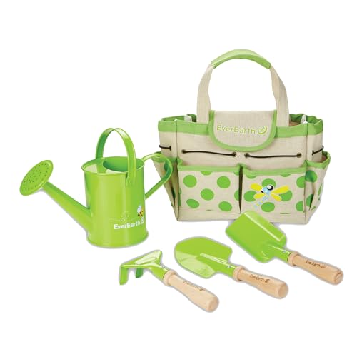 EverEarth Kids Metal Gardening Tools Set, Childrens Gardening Tool Kit with Canvas Tote Bag and Metal Watering Can, Metal Hand Rake, Trowel and Shovel, FSC Certified Wood