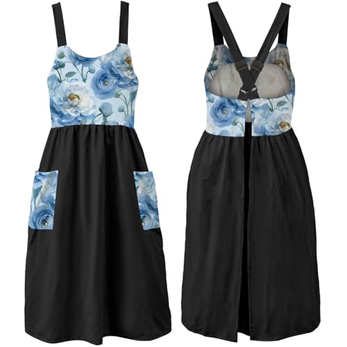 Cotton Linen Apron Cross Back Apron for Women with Pockets Pinafore Dress - color: Flora Black