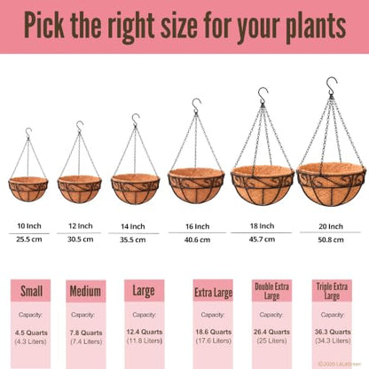 LaLaGreen Natural Hanging Planter (18 in, 4 Pack) Black Coco Liner Baskets - size: 18" x 4 Pack