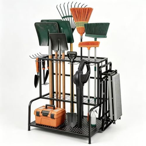 3 Tier Garden Tool Organizer, Yard Tool Tower Rack for Garage Organization and Storage, Metal Yard Tools Storage up to 55+ Tools, Heavy Duty Steel Garden Tool Stand for Shed, Outdoor, Black