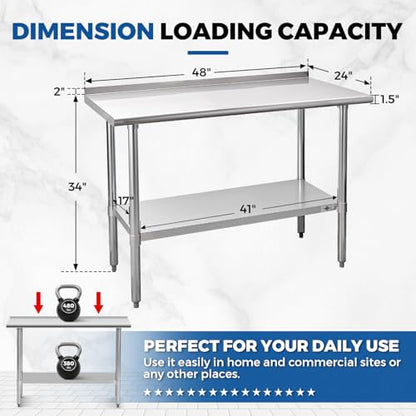 Profeeshaw Stainless Steel Prep Table 24''x48'' Workbench with Backsplash - color: With Backsplash, size: 24''x48''