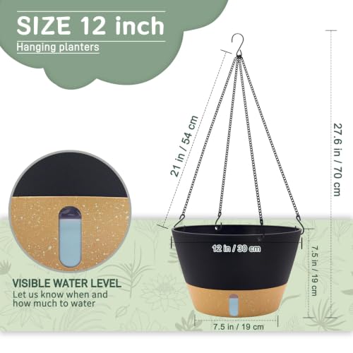 ZMTECH Large 12Inch Self Watering Hanging Planter, Water Window & Chain - color: Dark Gray